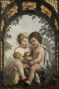 Christliche Allegorie mit zwei Kindern, die beide aus einer Karaffe in eine Schüssel gießen