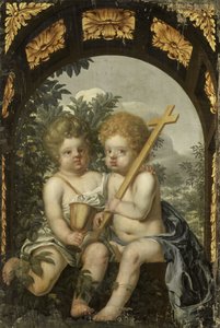 Christliche Allegorie mit zwei Kindern mit Kreuz und Kelch