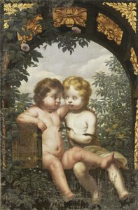 Christliche Allegorie mit zwei Kindern mit einer Bibel und einer Schlange