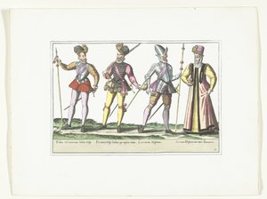 Drei spanische Soldaten in Uniform und eine Marketenderin, ca. 1580
