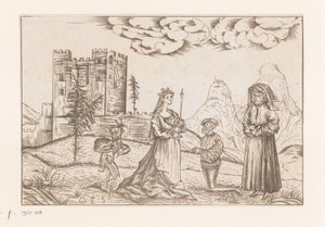 Drei Personen und ein Teufel in einer Landschaft vor einem Schloss