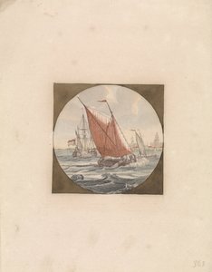 Drei Segelschiffe auf See und eine Stadt an der Küste