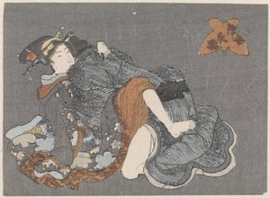 Ein Mann umarmt eine sitzende Frau (Raikō und die Erdspinne) von Anonymous
