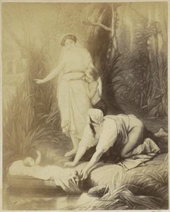 Fotoreproduktion einer (vermutlich) Druckgrafik mit Moses in einem Korb von Anonymous
