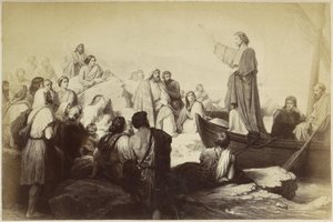 Fotoreproduktion einer (vermutlich) Druckgrafik von Jesus, der aus einem Boot predigt von Anonymous