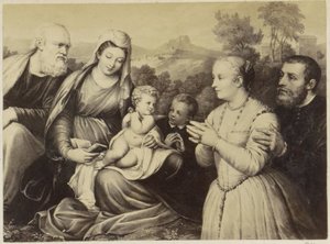 Fotoreproduktion einer (vermutlich) Druckgrafik der Heiligen Familie und Stifter von Anonymous