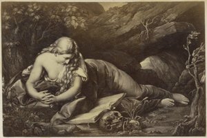 Fotoreproduktion einer (vermutlich) Druckgrafik von einer betenden Maria Magdalena in der Wildnis