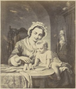 Fotoreproduktion einer (vermutlich) Druckgrafik einer Mutter, die mit ihrem Kind ein Kartenhaus baut von Anonymous