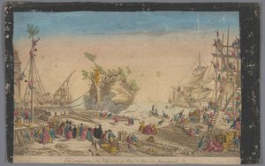 Ansicht des Hafens von Rochefort mit dem Stapellauf des Schiffes Duc de Bourgogne am 20. Oktober 1751