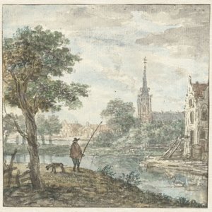 Ansicht einer Stadt mit einem Angler im Vordergrund von Anonymous