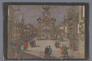 Gezicht op een triomfboog met een tweekoppige adelaar en een portretbuste van Jozef II, Duits keizer, te Frankfurt am Main von Anonymous