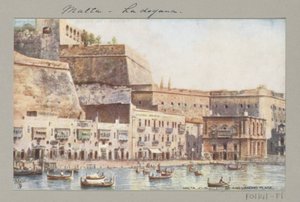 Ansicht der Küste von Malta mit Steg und Zollgebäude