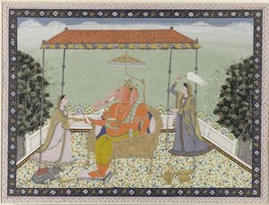 Gott Ganesa (Ganapati) mit Elefantenrüssel mit seinen zwei Dienerinnen Siddhi und Buddhi unter einem Baldachin sitzend