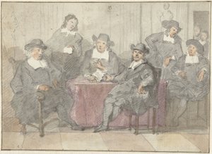 Gruppenporträt von sechs Herren, sitzend und stehend um einen Tisch von Anonymous