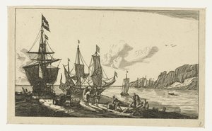 Hafen mit Segelschiffen und Seeleuten auf der Kaimauer