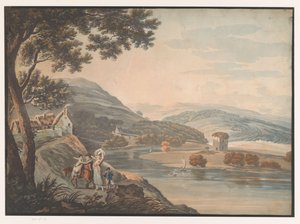Hügelige Landschaft mit Fluss und Familie mit Pferd auf einem Pfad