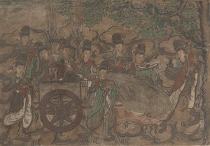 Gerahmtes Wandgemälde darstellend Xiwangmu und Dienerinnen