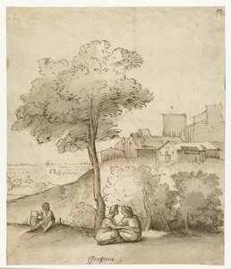 Italienische Landschaft mit einigen Figuren unter einem Baum von Anonymous