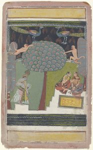 Krishna und zwei Frauen in einem Garten