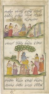 Krishna und die Hirtinnen, zwischen Text in Nastaliq-Schrift