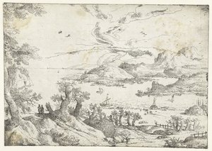 Landschaft mit breitem Fluss zwischen Hügeln