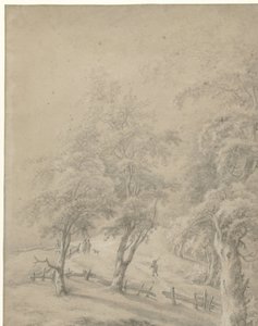 Landschaft mit einigen Figuren auf einem Weg hinter einem Zaun