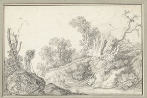 Landschaft mit kahlem Baum und Mann mit Stock von Anonymous