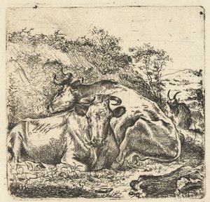 Landschaft mit zwei ruhenden Kühen