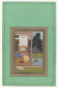 Malavashri Ragini, kniende Frau mit Lotusblume vor einem Haus
