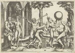 Mann mit zwei Trompeten und Mann mit Stein auf dem Rücken flankiert von Mann und Frau mit Globus und altem und jungem Mann von Anonymous