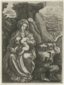 Maria mit Kind in einer felsigen Landschaft