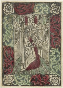Maria mit Kind vor gotischer Architektur in rechteckiger Umrahmung mit Blattmotiven