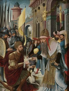 Begegnung von Abraham und Melchisedek (Innenseite, linker Flügel eines Triptychons) von Anonymous