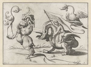 Monster mit Trompete und einer Art Kranich (Groteske Figuren umgeben von einer Rahmenlinie)