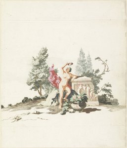 Nackte Frau mit einem Lorbeerkranz bei einem Denkmal