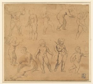 Neun Studien von Putti und eine nach links sitzende Frau