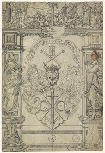 Entwurf für ein Glasfenster mit einem Wappen, den Figuren Fides und Spes, und Moses und der ehernen Schlange