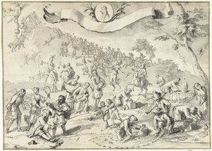 Entwurfszeichnung für den Druck Habgier versucht Fortuna einzuholen, 1720 (Het Groote Tafereel der Dwaasheid)