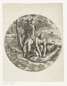 Auf Anweisung des Engels schneidet Tobias den Fisch in Stücke von Anonymous