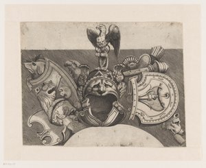 Ornament mit Helm, Schild, Adler und Löwe