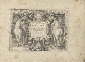 Ornamentale Kartusche mit Titel flankiert von Pferden von Anonymous