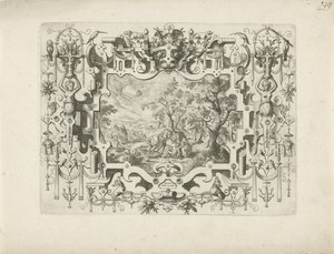 Ornamentrahmung mit Rollwerk und Figuren, darin Landschaft mit dem barmherzigen Samariter
