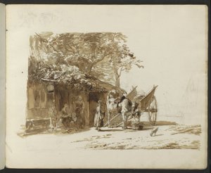 Ochsenkarren und Figuren auf einer Dorfstraße
