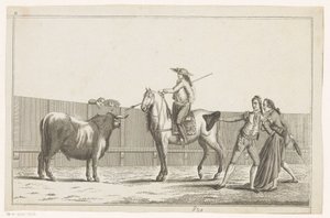Picador richtet seine Lanze auf einen Stier Coleccion de las principales suertes de una corrida de toros (Serientitel auf dem Objekt) Sammlung der wichtigsten Manöver beim Stierkampf (Serientitel) von Anonymous