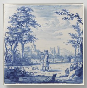 Platte bemalt mit Landschaft mit Figuren von Anonymous