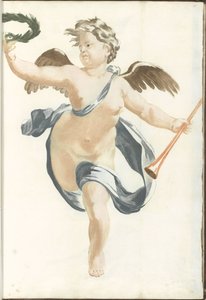 Putto mit Lorbeerkranz und Fanfare