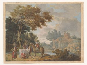 Reisende und Landbewohner in einer Landschaft mit antiken Ruinen von Anonymous