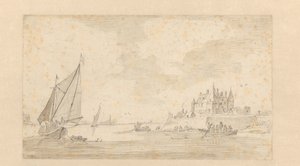 Flusslandschaft mit Schloss (Loevestein?) von Anonymous