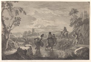 Flusslandschaft mit überquerenden Figuren