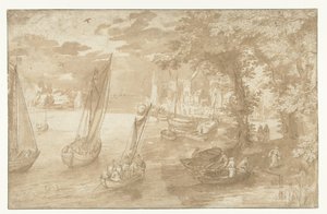 Flusslandschaft mit Anlegestelle rechts von Anonymous